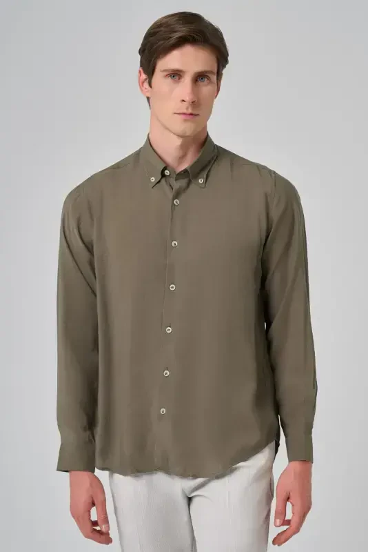 Modazone Men's Khaki Dynamic Fit Button-Down Collar Modal Shirt - 1