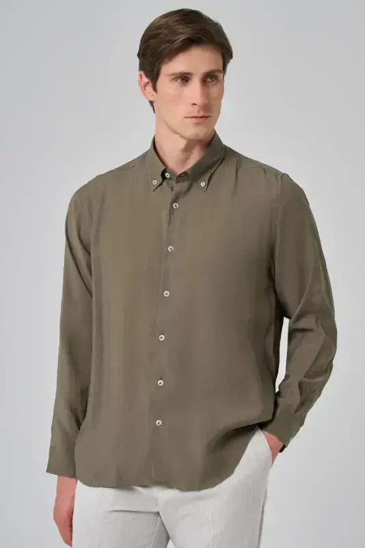 Modazone Men's Khaki Dynamic Fit Button-Down Collar Modal Shirt - 2
