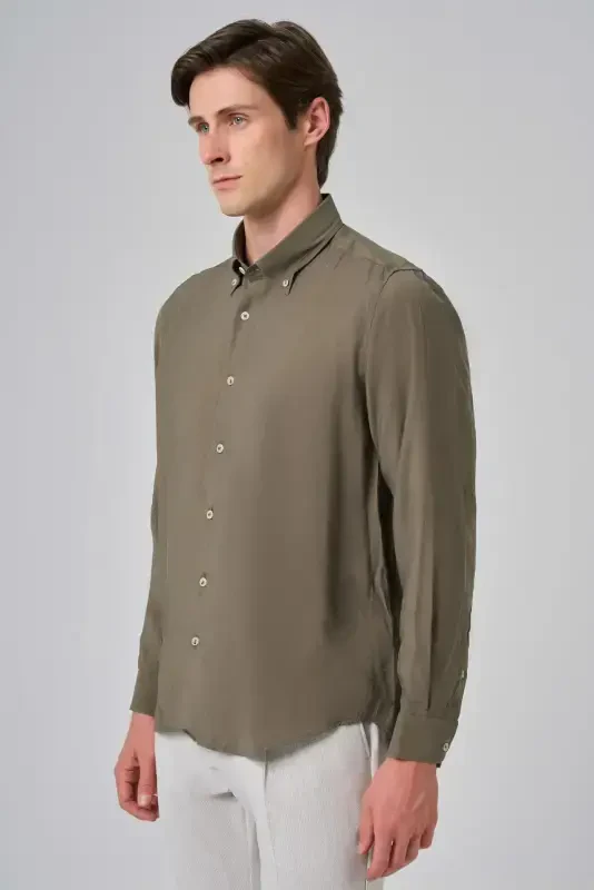 Modazone Men's Khaki Dynamic Fit Button-Down Collar Modal Shirt - 3