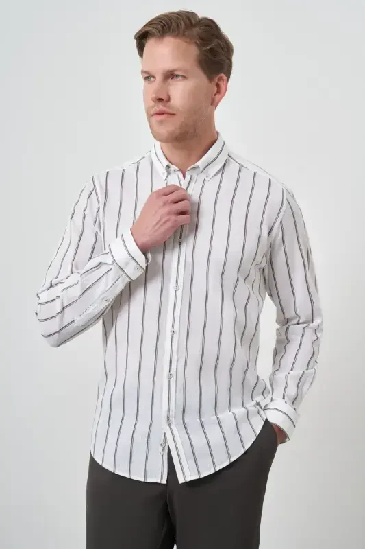 Modazone Men's Khaki Linen Dynamic Fit Button-Down Collar Shirt - 3