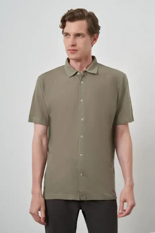 Modazone Men's Khaki Trend Apache Collar Short Sleeve Shirt - 1