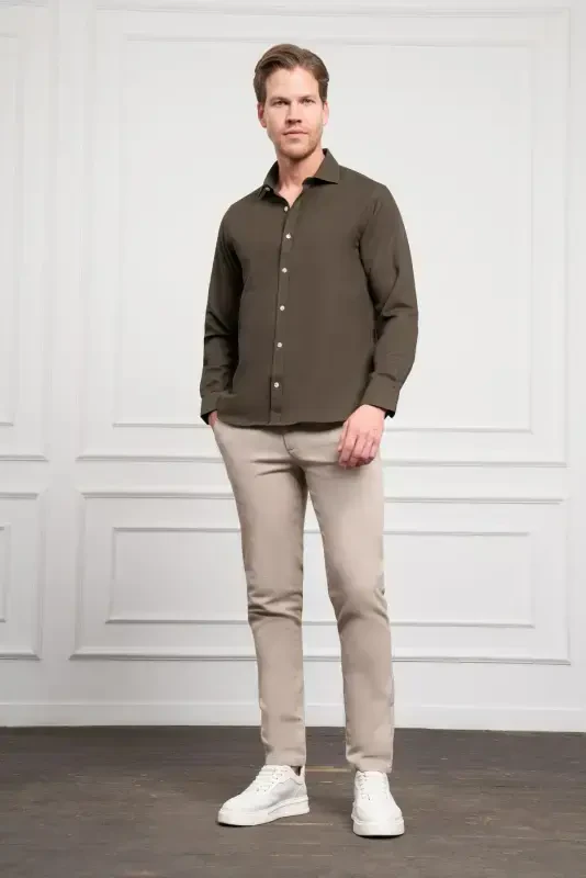 Modazone Men's Khaki Trend Italian Collar Slim Fit Narrow Cut Shirt - 2