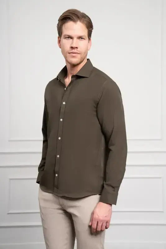 Modazone Men's Khaki Trend Italian Collar Slim Fit Narrow Cut Shirt - 3