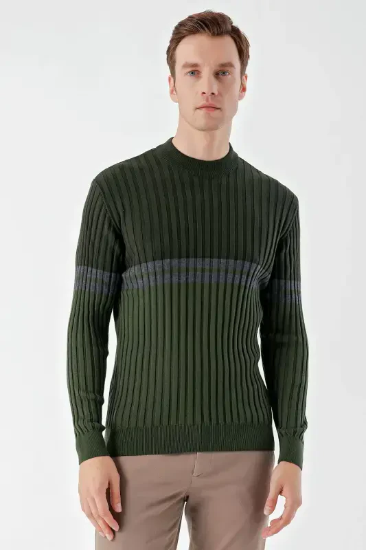 Modazone Men's Khaki Trendy Panel Boat Neck Dynamic Fit Comfort Cut Knitwear - MORVEN