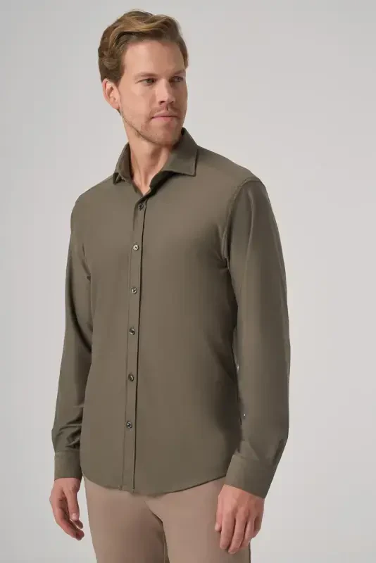 Modazone Men's Khaki Trendy Plain Slim Fit Full Italian Collar Shirt - 1