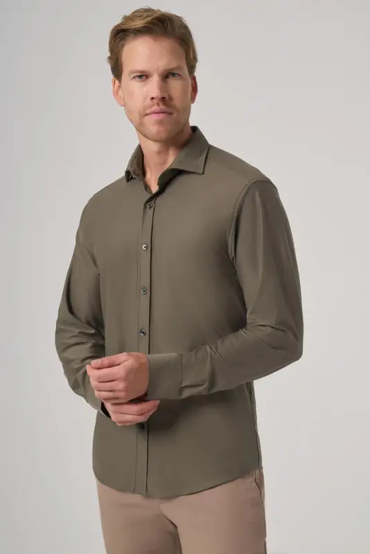 Modazone Men's Khaki Trendy Plain Slim Fit Full Italian Collar Shirt - 3
