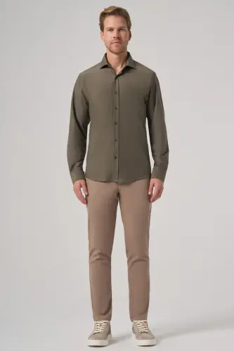 Modazone Men's Khaki Trendy Plain Slim Fit Full Italian Collar Shirt - 4