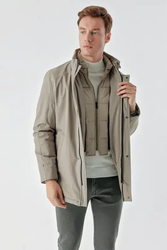 Modazone Men's Khaki Wagon Zippered Stand-Up Collar Dynamic Fit Relaxed Fit Quilted Jacket - 3