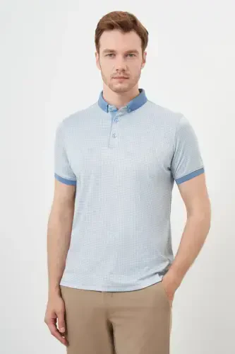 Modazone Men's L. BLUE Trend Mercerized Jacquard Pattern Buttoned Collar Dynamic Fit T-Shirt - MORVEN (1)