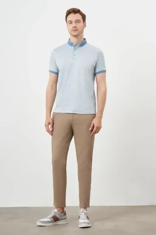 Modazone Men's L. BLUE Trend Mercerized Jacquard Pattern Buttoned Collar Dynamic Fit T-Shirt - 4