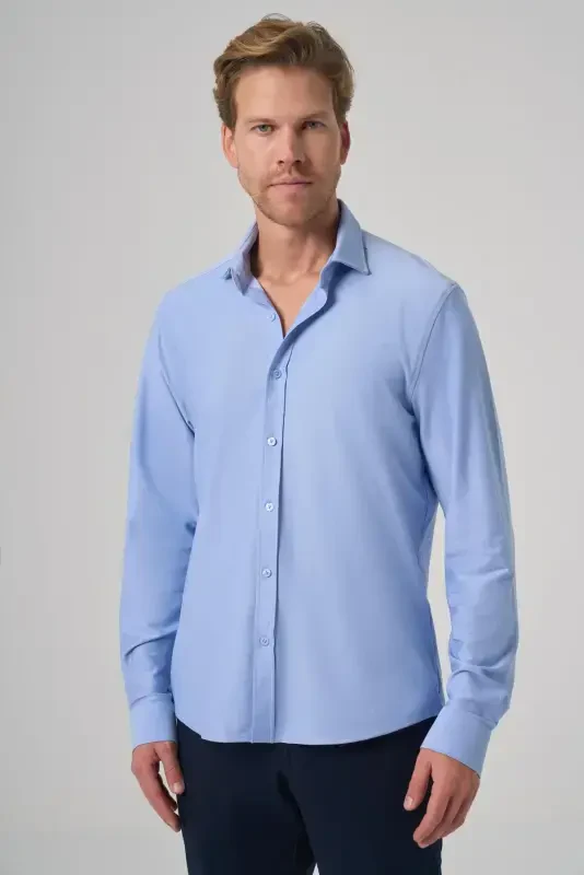 Modazone Men's L. BLUE Trend Plain Slim Fit Full Italian Collar Shirt - MORVEN