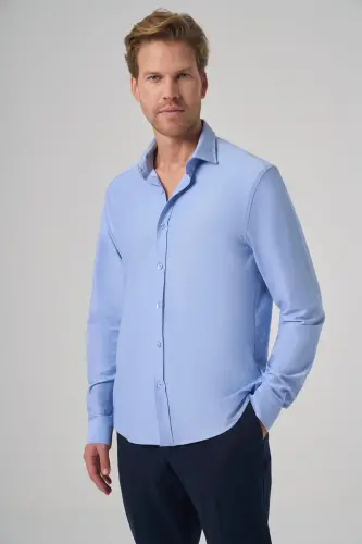 Modazone Men's L. BLUE Trend Plain Slim Fit Full Italian Collar Shirt - 2