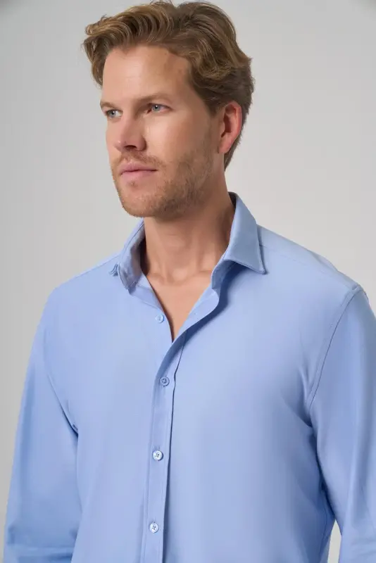Modazone Men's L. BLUE Trend Plain Slim Fit Full Italian Collar Shirt - 3