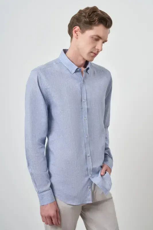 Modazone Men's LT. BLUE Linen Dynamic Fit Button-Down Collar Shirt - 4