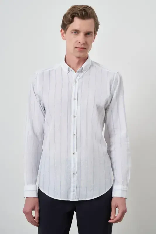 Modazone Men's Lt. BLUE Linen Dynamic Fit Button-Down Collar Shirt - 1