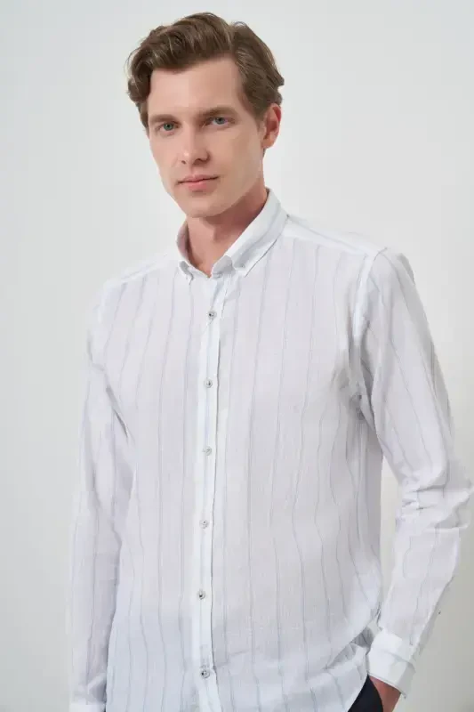 Modazone Men's Lt. BLUE Linen Dynamic Fit Button-Down Collar Shirt - 3