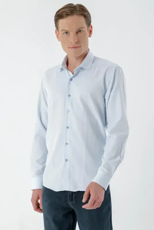 Modazone Men's Lt. BLUE Trend Printed Patterned Italian Collar Slim Fit Shirt - 3