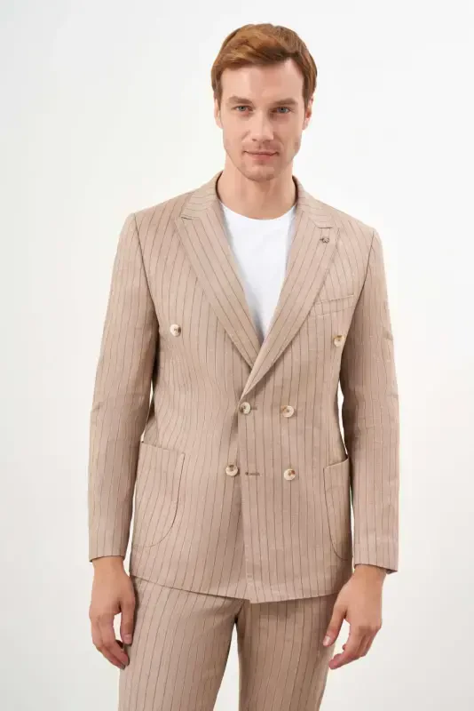 Modazone Men's Mink Linen Trend Double Breasted Slim Fit Pointed Collar Suit - MORVEN