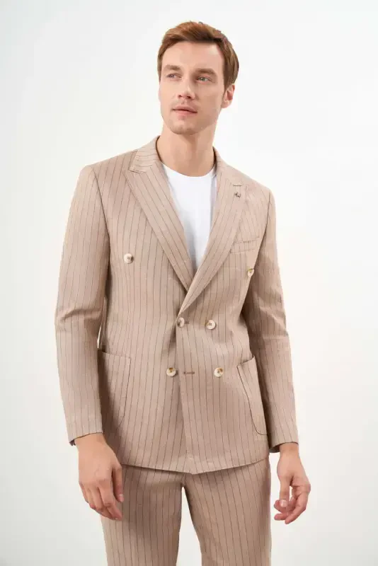 Modazone Men's Mink Linen Trend Double Breasted Slim Fit Pointed Collar Suit - 2