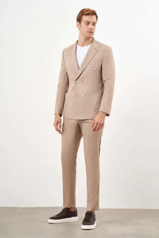 Modazone Men's Mink Linen Trend Double Breasted Slim Fit Pointed Collar Suit - 3