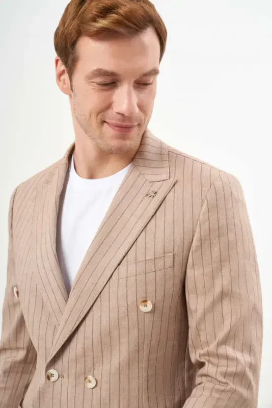 Modazone Men's Mink Linen Trend Double Breasted Slim Fit Pointed Collar Suit - 5