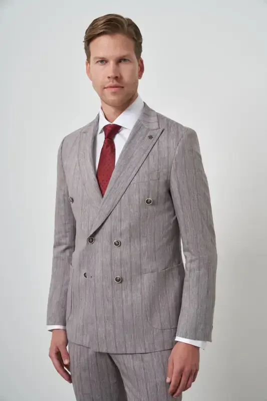 Modazone Men's Mink Tend Linen Double Breasted Slim Fit Pointed Collar Suit - MORVEN