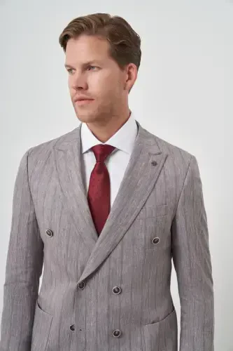 Modazone Men's Mink Tend Linen Double Breasted Slim Fit Pointed Collar Suit - 3