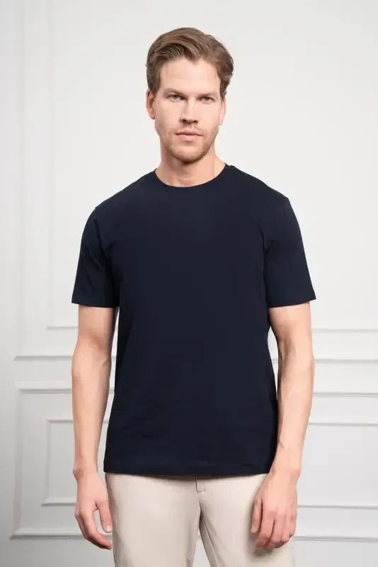 Modazone Men's Navy Blue Basic Crew Neck Dynamic Fit Cotton T-Shirt - 3