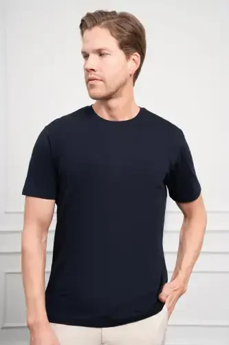 Modazone Men's Navy Blue Basic Crew Neck Dynamic Fit Cotton T-Shirt - 4