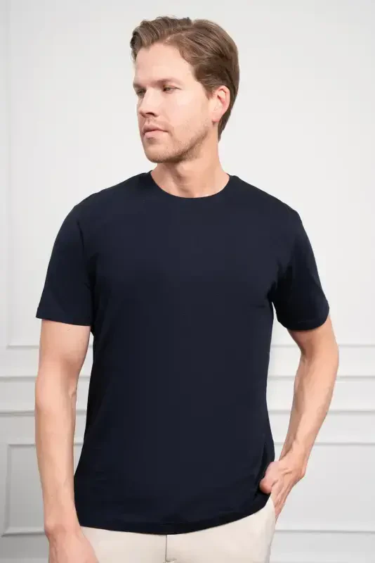 Modazone Men's Navy Blue Basic Crew Neck Dynamic Fit Cotton T-Shirt - 4