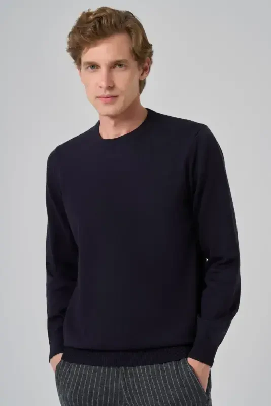 Modazone Men's Navy Blue Basic Crew Neck Dynamic Fit Relaxed Fit Knitwear - 2