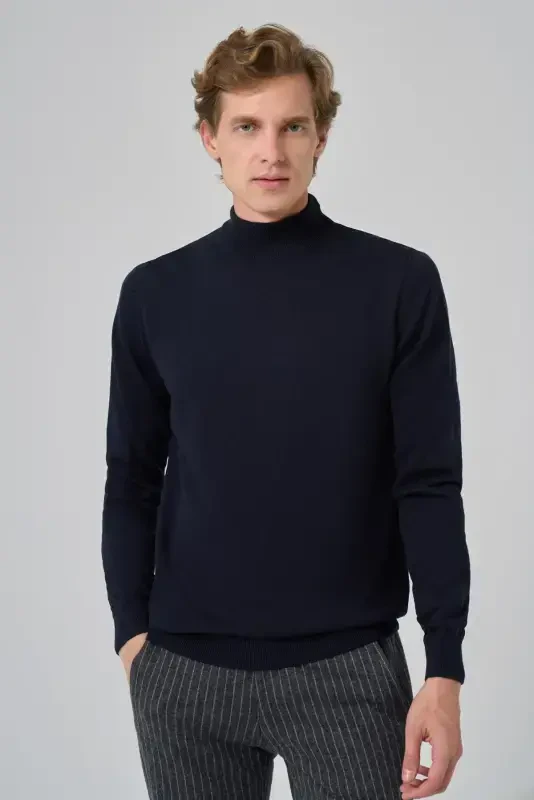 Modazone Men's Navy Blue Basic Turtleneck Dynamic Fit Comfort Fit Knitted Sweater - 3