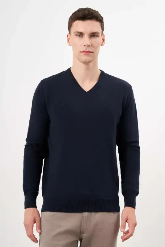 Modazone Men's Navy Blue Basic V-Neck Dynamic Fit Comfort Fit Knitwear - MORVEN