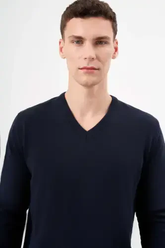 Modazone Men's Navy Blue Basic V-Neck Dynamic Fit Comfort Fit Knitwear - 4