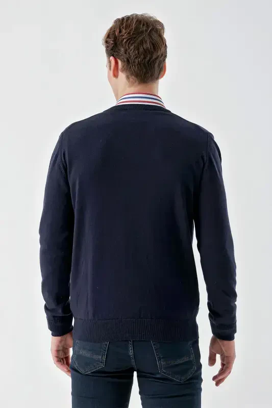 Modazone Men's Navy Blue Basic V-Neck Dynamic Fit Relaxed Fit Knitted Sweater - 6