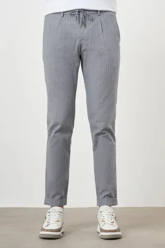 Modazone Men's Navy Blue Cotton Linen Trend Drawstring Jogger Slim Fit Sports Pants - 1