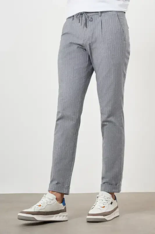 Modazone Men's Navy Blue Cotton Linen Trend Drawstring Jogger Slim Fit Sports Pants - 2