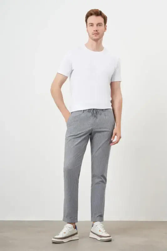 Modazone Men's Navy Blue Cotton Linen Trend Drawstring Jogger Slim Fit Sports Pants - 5