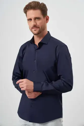 Modazone Men's Navy Blue Cotton Plain Pattern Italian Collar Slim Fit Shirt - 2