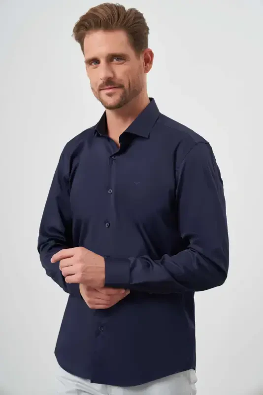 Modazone Men's Navy Blue Cotton Plain Pattern Italian Collar Slim Fit Shirt - 2
