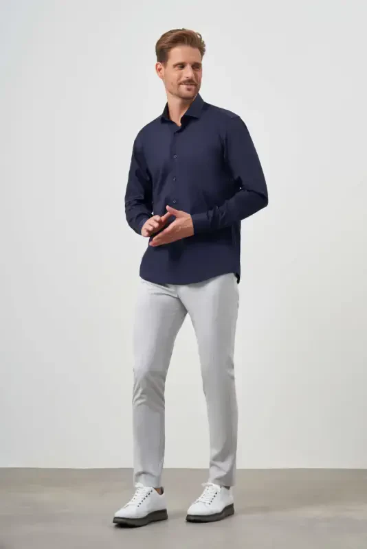 Modazone Men's Navy Blue Cotton Plain Pattern Italian Collar Slim Fit Shirt - 5