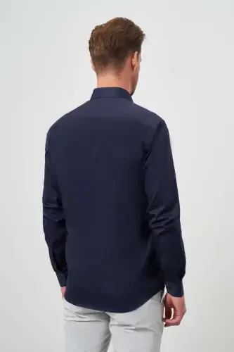 Modazone Men's Navy Blue Cotton Plain Pattern Italian Collar Slim Fit Shirt - 6
