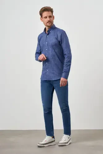 Modazone Men's Navy Blue Cotton Printed Patterned Button-Down Collar Slim Fit Shirt - MORVEN (1)