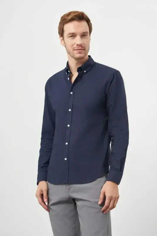 Modazone Men's Navy Blue Cotton Trend Button-Down Collar Dynamic Fit Shirt - 1