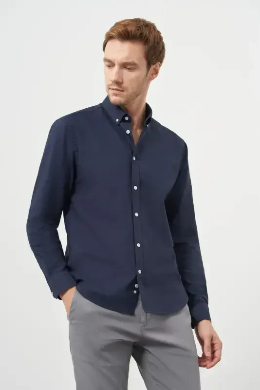 Modazone Men's Navy Blue Cotton Trend Button-Down Collar Dynamic Fit Shirt - 2