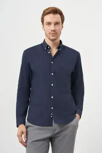 Modazone Men's Navy Blue Cotton Trend Button-Down Collar Dynamic Fit Shirt - 3