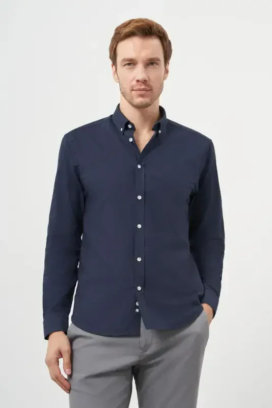 Modazone Men's Navy Blue Cotton Trend Button-Down Collar Dynamic Fit Shirt - 3