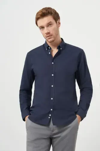 Modazone Men's Navy Blue Cotton Trend Button-Down Collar Dynamic Fit Shirt - 4