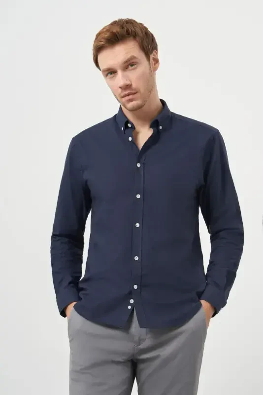 Modazone Men's Navy Blue Cotton Trend Button-Down Collar Dynamic Fit Shirt - 4