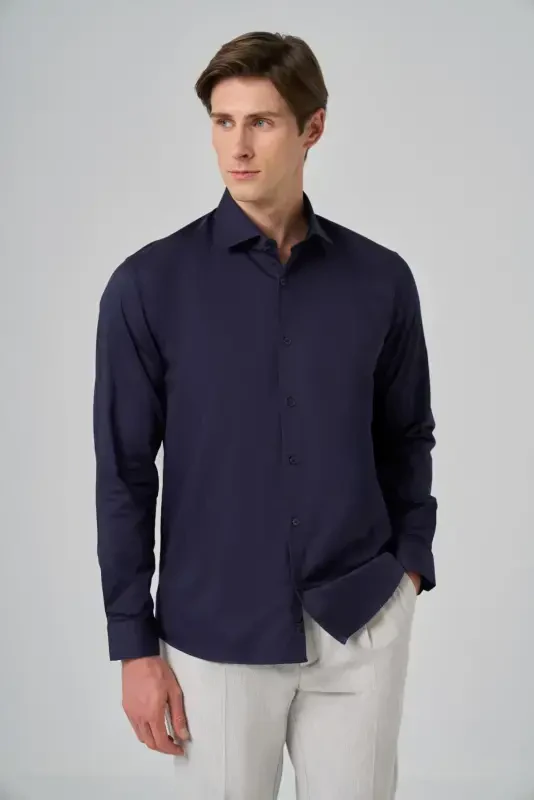 Modazone Men's Navy Blue Cotton Trend Dynamic Fit Italian Collar Shirt - 1